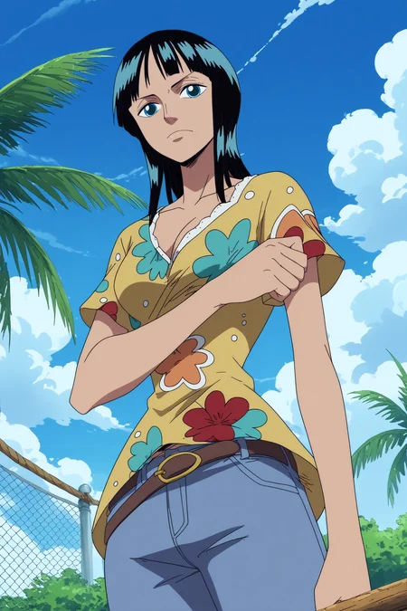 nico robin,1girl,solo,mature,long hair,bangs,blunt bangs,short hair,breasts,cleavage, medium_breasts, midriff, collarbone,shirt,jeans,denim, crossed arms,from below, BREAK outdoors,pirate_ship,blue sky,sea,palm tree <lora:Nico_robin_before_Eclipse_-_Nico_Robin.safetensors:0.9> <lora:detailed_backgrounds_v2.safetensors:0.6>,