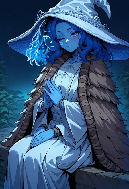 masterpiece, best quality, newest, absurdres, highres, 1girl, RnnDef, blue eyes, one eye closed, blue hair, wavy hair, (4 arms:1.2), extra faces, ghost face, blue skin, colored skin, cracked skin, doll joints, witch hat, large hat, white headwear, white dress, long sleeves, wide sleeves, fur cloak, brown cloak, <lora:Ranni_illusXLNoobAI_Incrs_v1-000012:1>, sitting, own hands together, seductive smile, night, dark enviroment, high contrast,