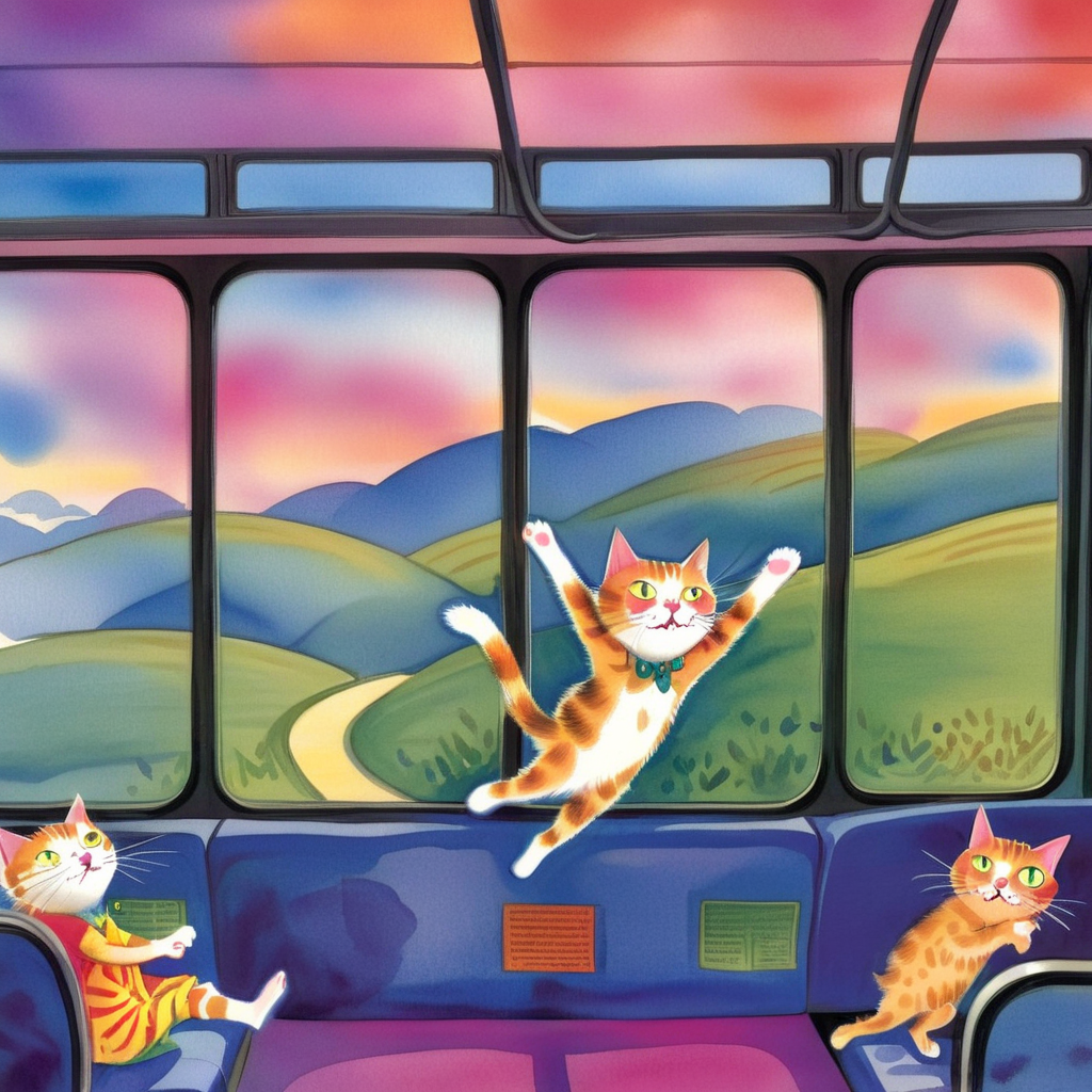 A  watercolor-style image of a large, whimsical cat-shaped bus running at full speed. The bus should be designed to look like a cat, complete with ears, whiskers, and a tail. Inside the bus, there should be a group of joyful children sitting in the seats, looking out the windows or talking to each other. The setting could be a magical landscape, perhaps with rolling hills and colorful skies, to add to the sense of wonder and adventure, <lora:jimi:0.8>