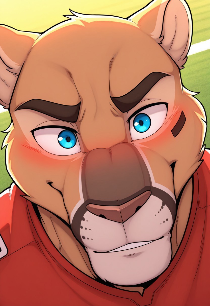 <lora:Jacobv2:0.8>, solo, jacob, cougar, male, manly, blue eyes, red shirt, football uniform, sportswear, eye black, face focus, portrait, upper body, smile, blush, dynamic angle, BREAK masterpiece, 4K, separate focus, best quality, amazing quality, very aesthetic, high resolution, chromatic aberration, cinematic lighting, extremely-detailed, depth of field, newest, scenery, detailed fur, detailed muscles