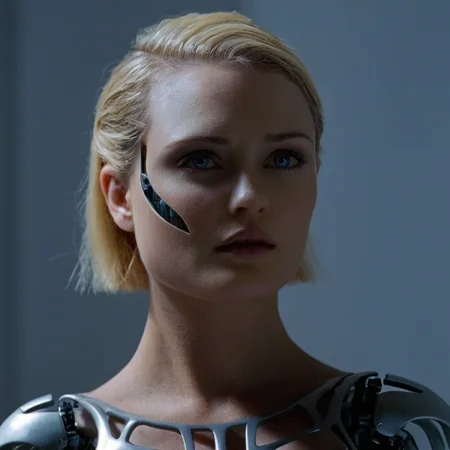cinematic film still of <lora:add-detail-xl:0.1>1
<lora:detailed:0.2> realism
<lora:perfection style:0.2> perfect
<lora:eyetune:0.6>
<lora:xl_more_art-full_v1:0.1>
<lora:Ron Fricke style:0.3>
<lora:Unreal Engine style:0.3>
<lora:TeethXL:0.3>
<lora:Chiaroscuro Lighting Style:0.3> Chiaroscuro Lighting Style
<lora:Westworld style:0.9>
In the 2050s dystopian science fiction world Transhuman Robots of a woman with a skeleton body and a short blond hair,1girl,solo,looking at viewer,short hair,blue eyes,blonde hair,closed mouth,upper body,lips,gradient,grey eyes,gradient background,freckles,realistic , sci-fi, futuristic, movie themed, sharp, detailed, epic cinematic photography, artistic, dramatic light, cinematic color style, Kodak film style, Westworld style, shallow depth of field, vignette, highly detailed, high budget, bokeh, cinemascope, moody, epic, gorgeous, film grain, grainy