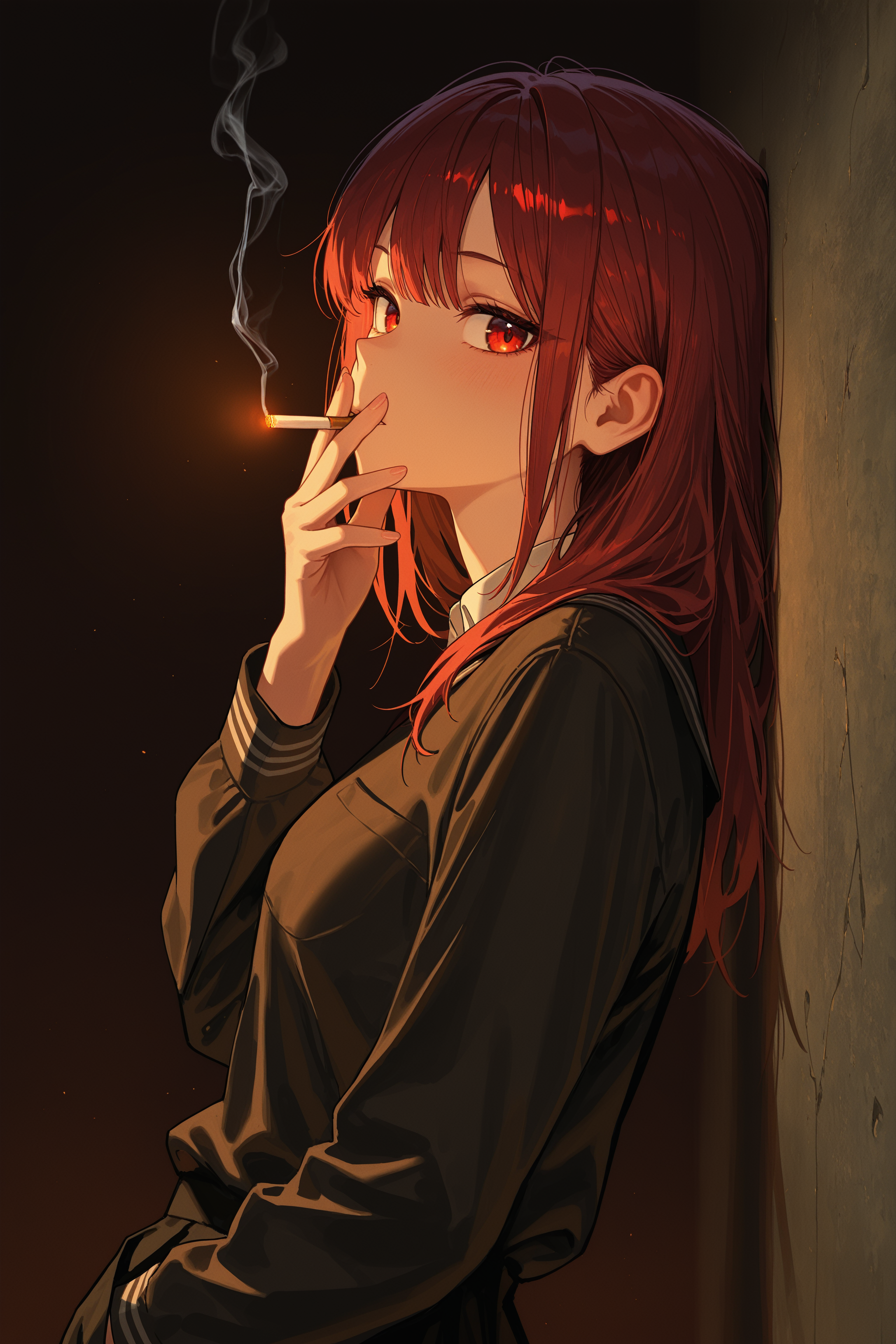 masterpiece, best quality, absurdres, safe
1girl, holding cigarette, smoking looking at viewer, from side, leaning back, against wall, dark background,
<lora:cigarette_kiss_il_2_v4_d32_final:0.8>