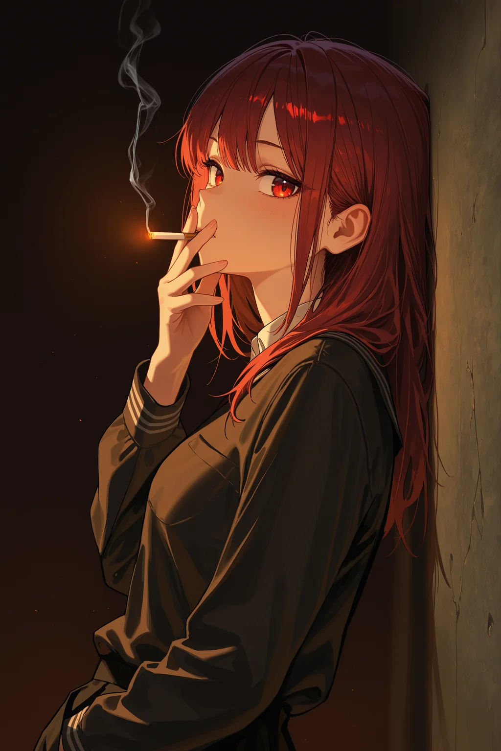 masterpiece, best quality, absurdres, safe
1girl, holding cigarette, smoking looking at viewer, from side, leaning back, against wall, dark background,
<lora:cigarette_kiss_il_2_v4_d32_final:0.8>