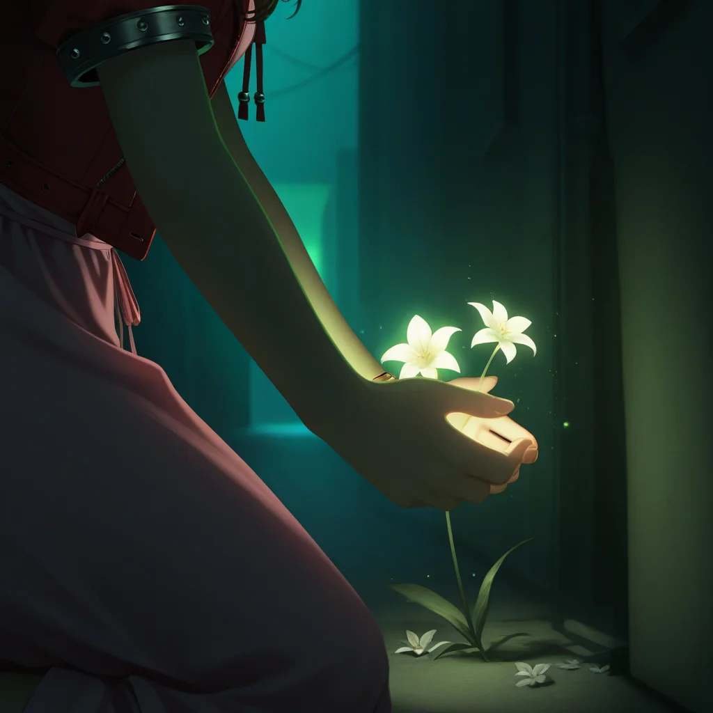 lfb, dark, darkness, glowing particles, praying, aerith, dress, kneeling, green lighting, pink dress, red top, close up, night, 1girl, alley, close up of girl, glowing flowers, light from flowers, white flowers, side view, realism, 4k, masterpiece