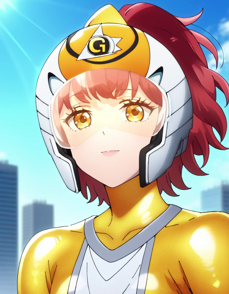(masterpiece), (best quality), (ultra-detailed), score_9, score_8_up, score_7_up, score_6_up, score_5_up, score_4_up, source_anime,  Yellow_Gelato, bodysuit, helmet, yellow eyes, red hair, short hair,   portrait, illustration, disheveled hair, detailed eyes, perfect composition, moist skin, intricate details, earrings, score_9, score_8_up, score_7_up, score_6_up, score_5_up, score_4_up, source_anime, Yellow_Gelato, bodysuit, helmet, yellow eyes, red hair, short hair, portrait, cute, elegant, intricate, cinematic, highly detailed, very artistic