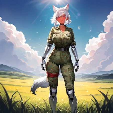 <lora:OCC_WolfiesOCCXLIllustrious005>,
masterpiece,best quality,good quality,newest,
detailed background,grassland,blue sky,lens_flare,glitter,
looking at viewer,
solo,
WolfiesOCC,1girl,wolf ears,white hair,short hair,hair with hidden ears,disheveled hair,long sidelocks,sidelocks,red eyes,gradient eyes,lips,tan,
large breasts,
mechanical arms,mechanical legs,leg bandage,wolf tail,glitter,
choker,
camouflage clothing,military pants,number tattoo,
standing,