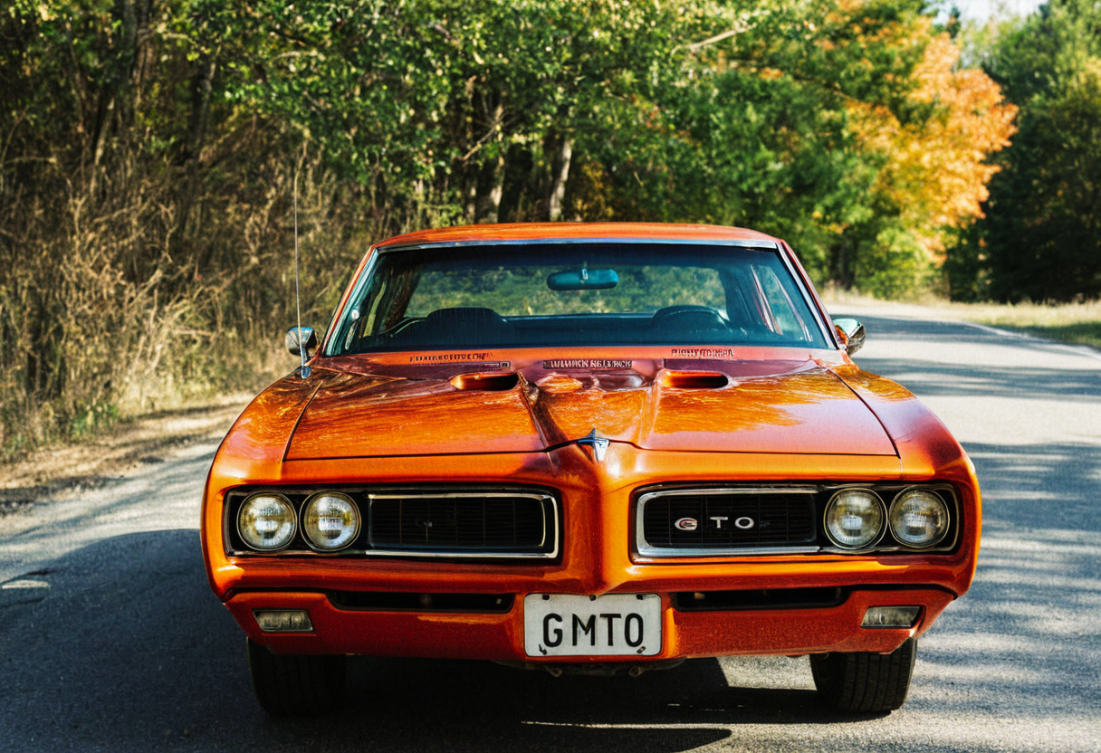 VintageMuscleCar, gleaming orange Pontiac GTO, front view, road, trees, vegetation, sunny, outdoors, 4K, highly detailed, (stylish grainy analog 35mm film photo)