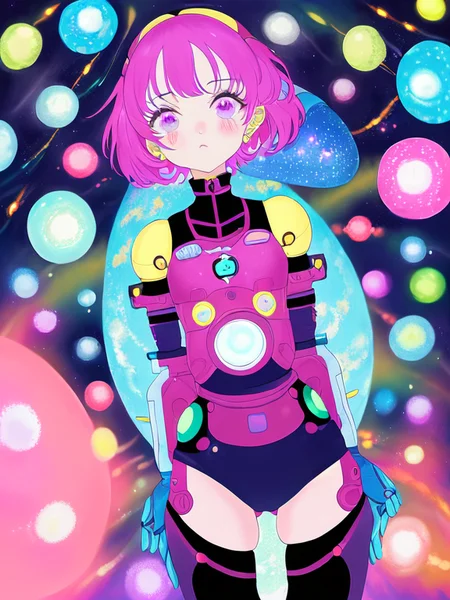 eye, sadness,  solo, 1girl, robotic, outer space background, eyes,waist, thighs, retro, hair,  arms, hands, cyan, magenta, yellow, masterpiece, by mon