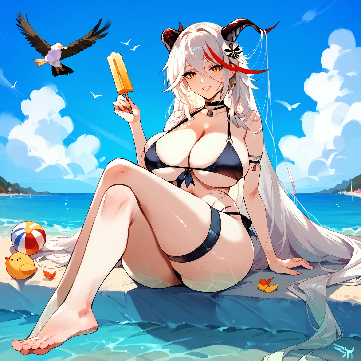 score_9, score_8_up, score_7_up, score_6_up, score_5_up, uncensored, source_anime, namelessk, shinyskin, shiny skin, Expressiveh, embedding:zPDXL2, BREAK, 1girl, huge breasts, wide hips, aegirrdm, 1girl, breasts, horns, swimsuit, bikini, food, black bikini, yellow eyes, long hair, barefoot, large breasts, popsicle, flower, multicolored hair, hair ornament, streaked hair, feet, outdoors, hair flower, solo, very long hair, white hair, sitting, holding, toes, looking at viewer, ball, bird, crossed legs, legs, sky, beachball, red hair, choker, water, holding food, day, black choker, smile, cloud, full body, hair between eyes, navel, blue sky, cleavage, thighs, side-tie bikini bottom, thigh strap, ocean