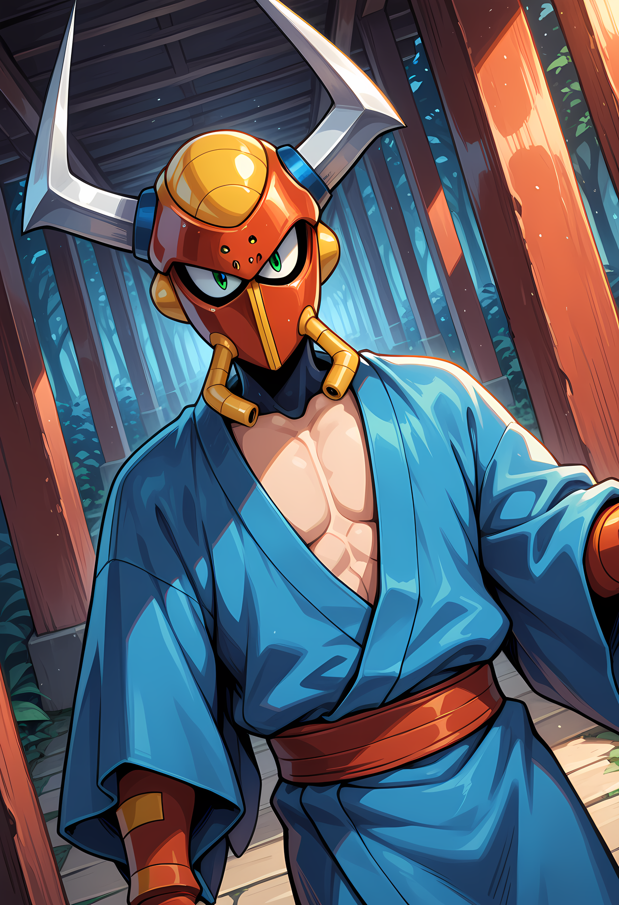 masterpiece, best quality, amazing quality, dutch angle, abstract background, BREAK
1boy, solo, male focus, mmx_boomer, helmet, horns, green eyes, yukata, japanese clothing, BREAK
<lora:cfg_scale_boost:.6>  <lora:Boomer_Kuwanger_-_Mega_Man_X_-_ILXL:1>