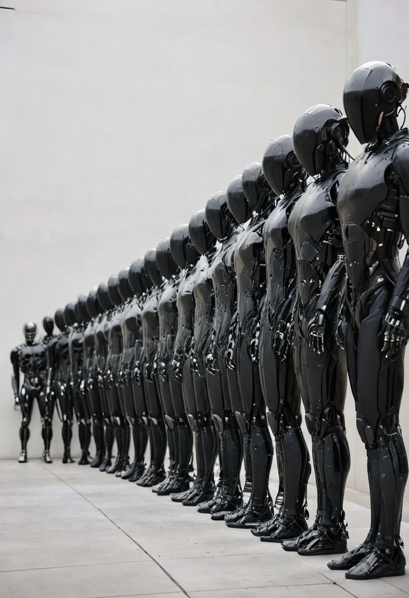 noface cyborg standing in a line