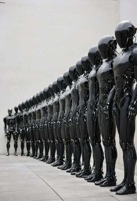 noface cyborg standing in a line