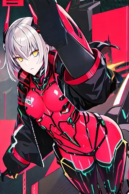 ZentreyaCyborg, yellow eyes, ZentreyaCyborgBase, yellow eyes, short hair, mechanical horns, red bodysuit, black jacket, mechanical legs