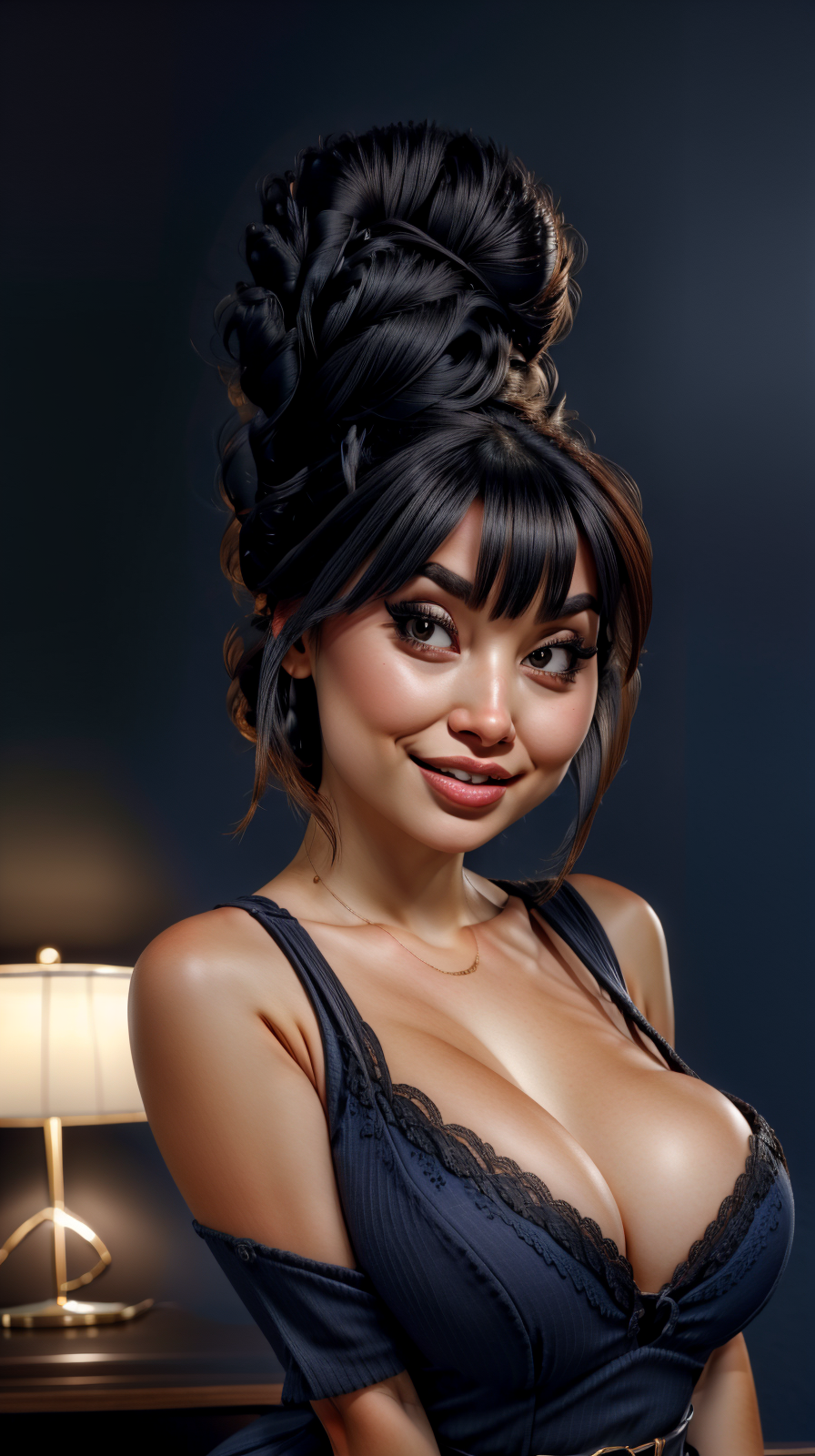 1girl, <lora:DummyleTestino:1>, solo, updo hair, looking at viewer, black hair, cleavage, upper body , blue background, simple background, <lora:LORA-XenoDetailer-v2:1>