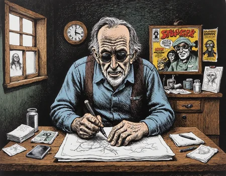 an old comic book artist hunched over his drawing desk his face lined with exhaustion his hands overly large and veiny the room is filled with comic book pages scattered across the floor old posters line the walls and the dim light gives the entire scene a melancholic feelr0b3rt_crum8