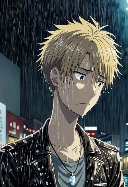 high resolution, solo, best quality, 1Boy, Yamato Ishida, Blond Hair, Necklace, heavy rain, night, looking down, sad, leather jacket, looking away, wet, wet hair, OverallDetail