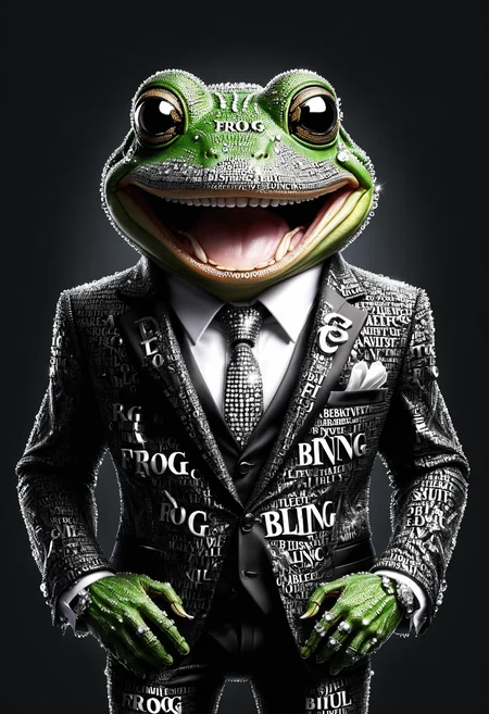 dvr-txt frog with a large smile, teeth made of diamonds, wearing a black suit, text logo "BLING" <lora:dvr-txt:1>