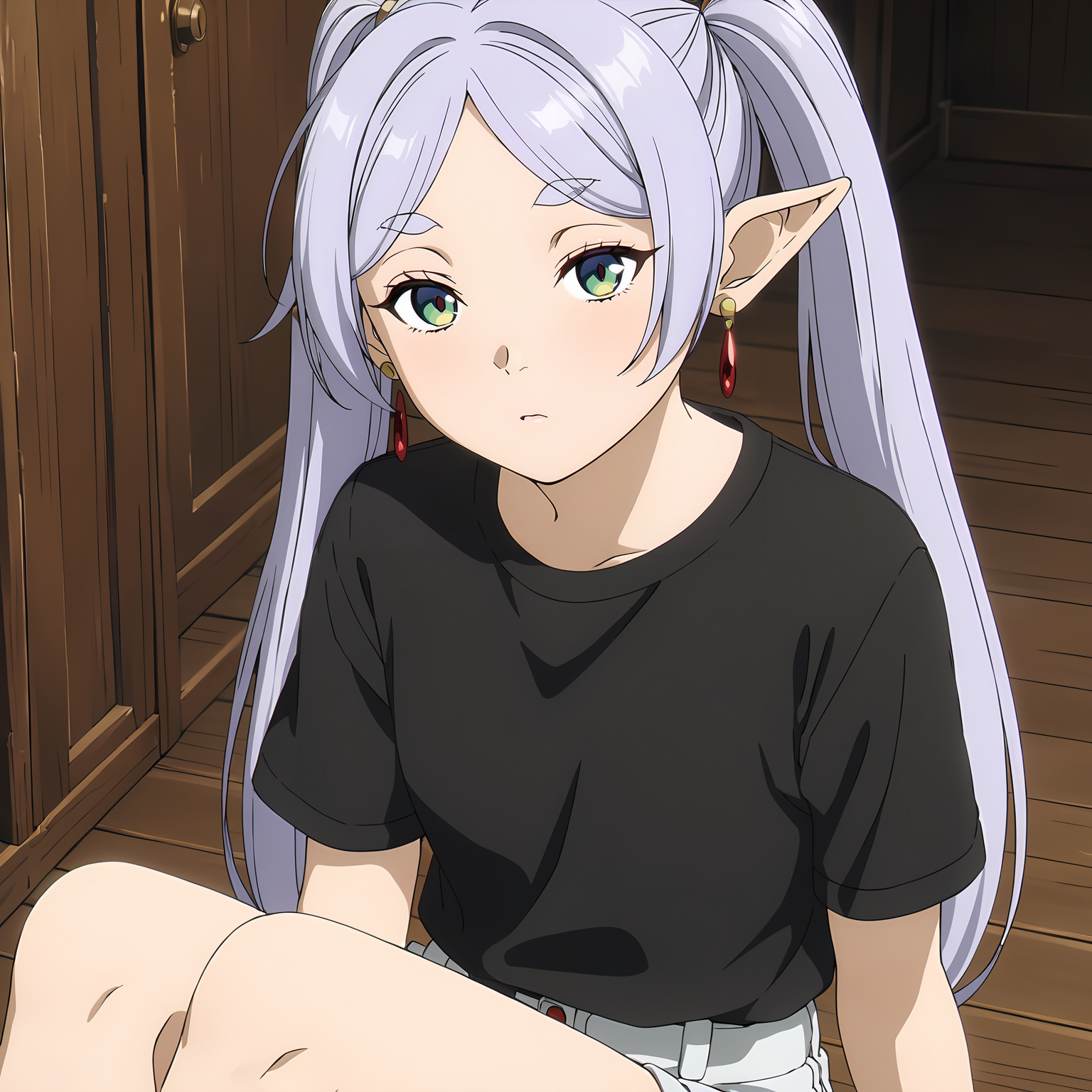 <lora:FrierenXL004>,<lora:DetailedEyes_V3:1.6>,looking at viewer,
solo,
anime screencap,
best quality,masterpiece,
Frieren,1girl,light purple hair,twintails,multicolored eyes,earrings,
t -shirt,shorts,