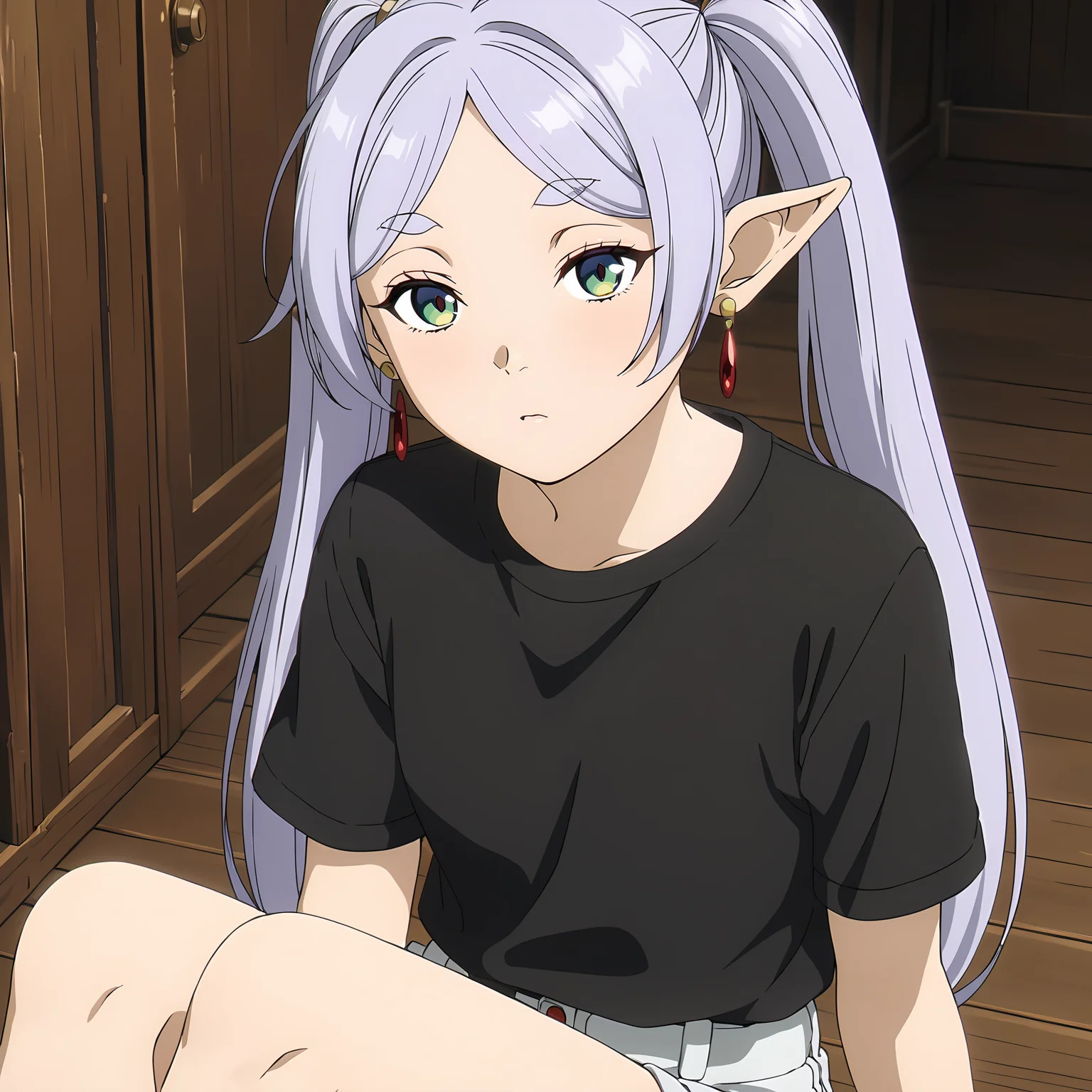 <lora:FrierenXL004>,<lora:DetailedEyes_V3:1.6>,looking at viewer,
solo,
anime screencap,
best quality,masterpiece,
Frieren,1girl,light purple hair,twintails,multicolored eyes,earrings,
t -shirt,shorts,