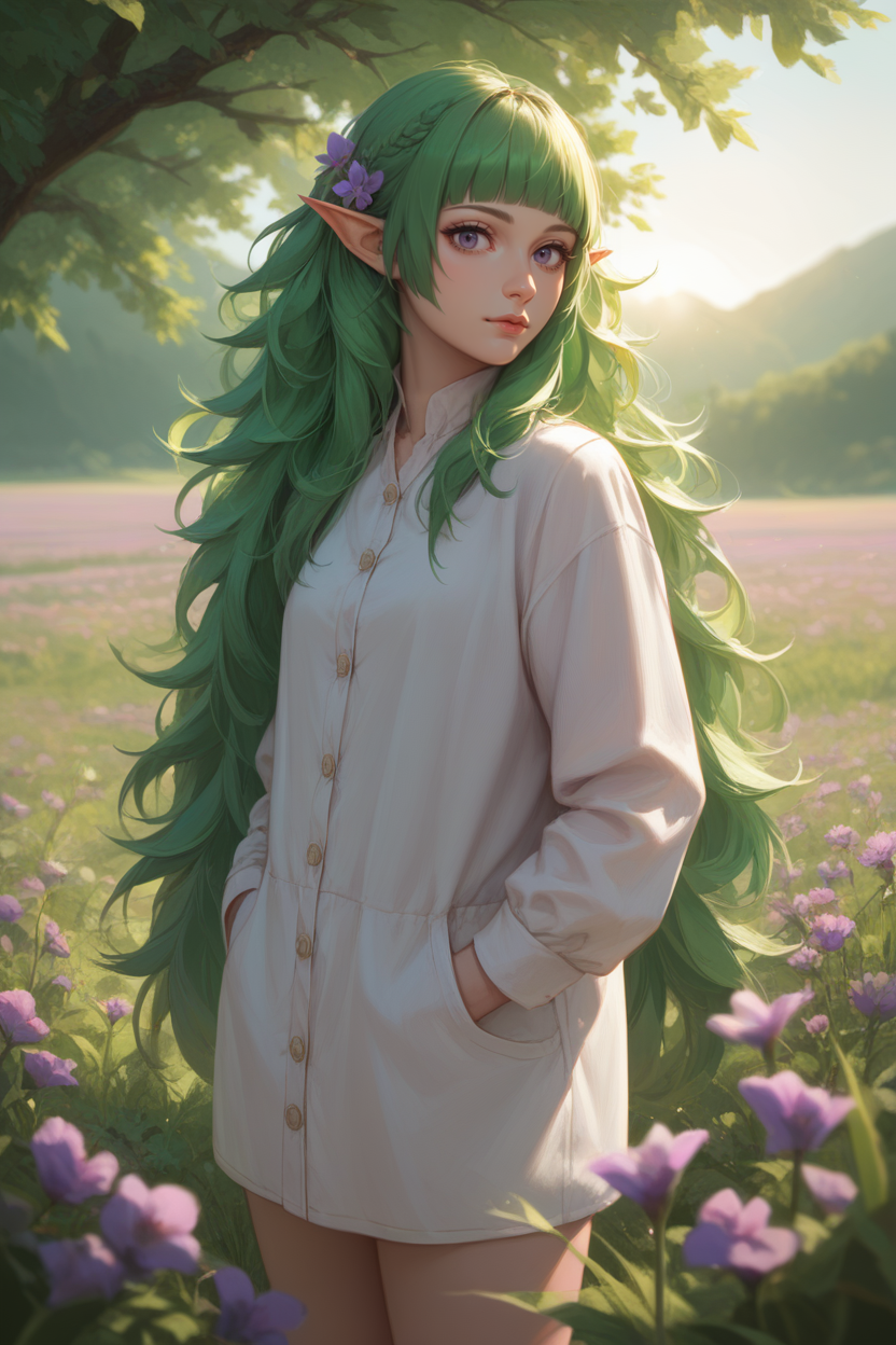score_9, score_8_up, score_7_up, score_6_up
<lora:FESothis:1.0>
FESothis, 1girl, green hair, long hair, blunt bangs, pointy ears, looking at viewer, standing in a field of lavender, hands in pockets, slight breeze blowing hair, warm golden hour sunlight, serene and peaceful mood