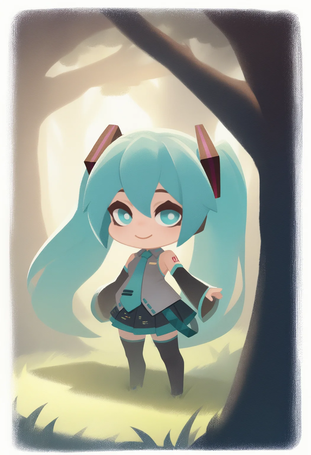 onmyojistyle, chibi, masterpiece, best quality, <break> white border, solo, 1girl, hatsune miku, smile, looking at viewer, aqua hair, twintails, hair ornament, aqua eyes, grey shirt, sleeveless shirt, aqua necktie, black sleeves, detached sleeves, black skirt, pleated skirt, black thighhighs, grass, tree, sunlight
<segment:yolo-Anzhc Face seg 640 v2 y8n.pt,0.4,0.5//cid=1>