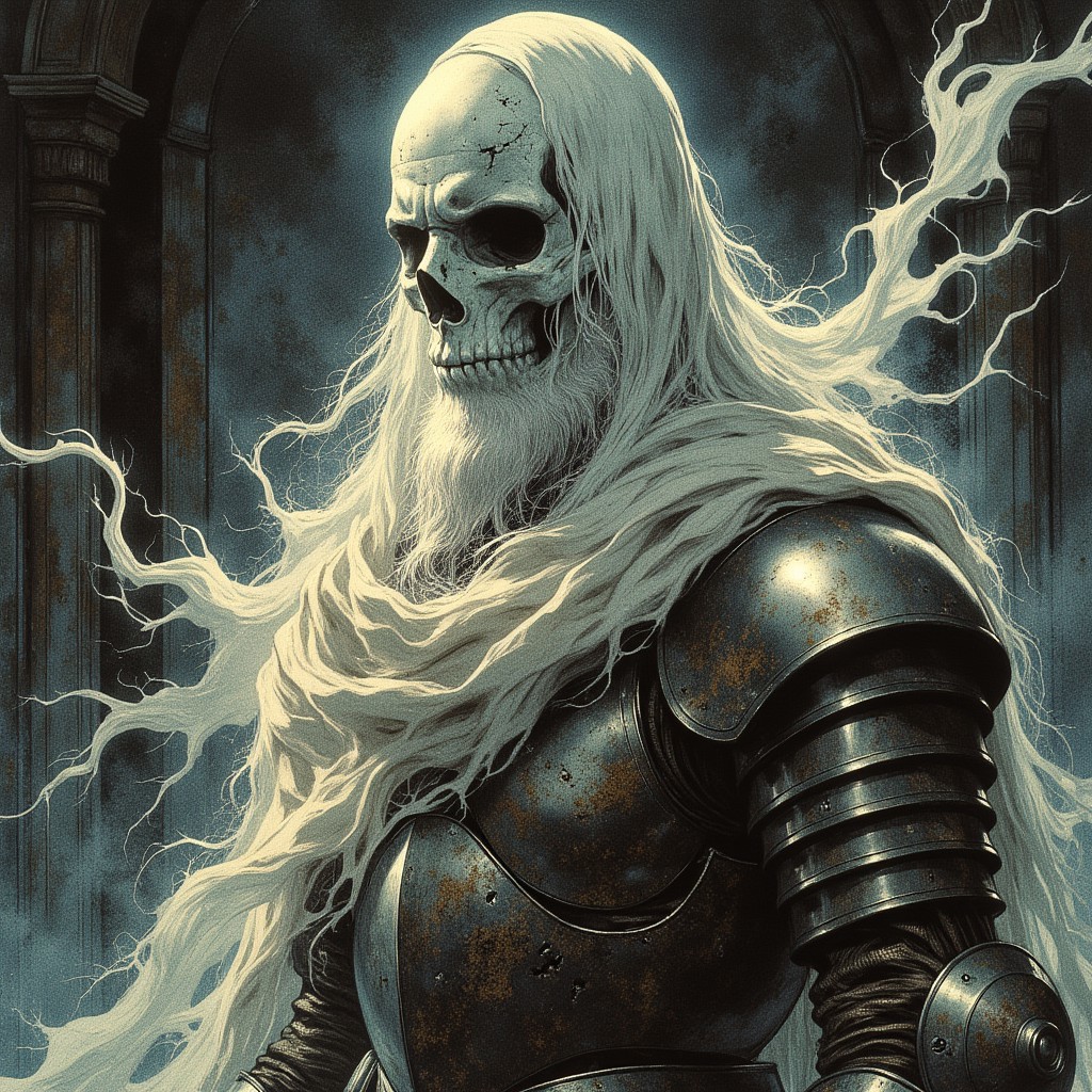 A ghostly undead figure in ancient armor hovers in a dimly lit room, The armor, tarnished and weathered with time, clings to the ghostly figure, with cracks and gaps revealing the misty, swirling essence within. The ghost eyes peer out from beneath a dented helmet. Long, tattered remnants of a cloak drift weightlessly behind it as if caught in a perpetual wind. The armor's metal clinks faintly, echoing in the silence, while the ghost hovers silently, its presence both haunting and regal in the desolate space, cowboy shot