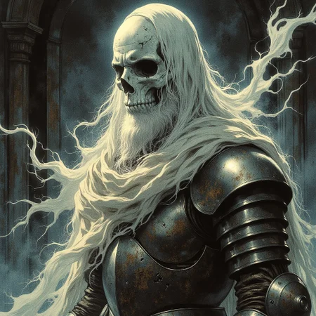 A ghostly undead figure in ancient armor hovers in a dimly lit room, The armor, tarnished and weathered with time, clings to the ghostly figure, with cracks and gaps revealing the misty, swirling essence within. The ghost eyes peer out from beneath a dented helmet. Long, tattered remnants of a cloak drift weightlessly behind it as if caught in a perpetual wind. The armor's metal clinks faintly, echoing in the silence, while the ghost hovers silently, its presence both haunting and regal in the desolate space, cowboy shot
