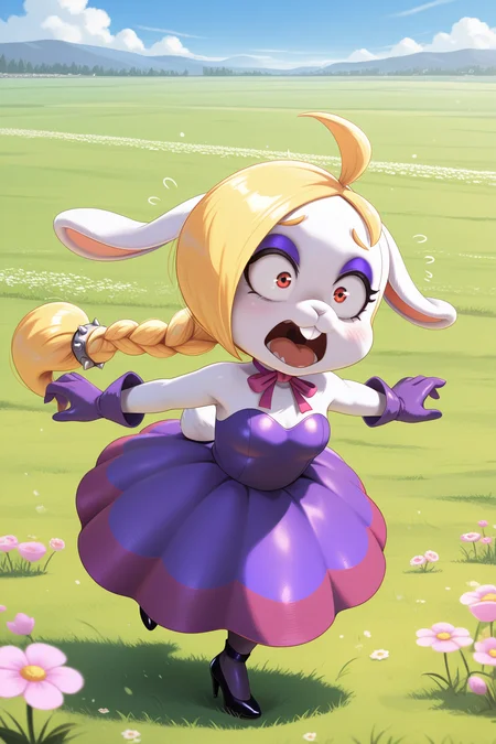 masterpiece, best quality, amazing quality, absurdres, mariohariet, blonde hair, single braid, white skin, furry female, rabbit girl, solo, open mouth, panicking, flailing, running, outstretched arms, purple dress, purple gloves, black stiletto heels, outdoors, field, grass, flowers, flying sweatdrops