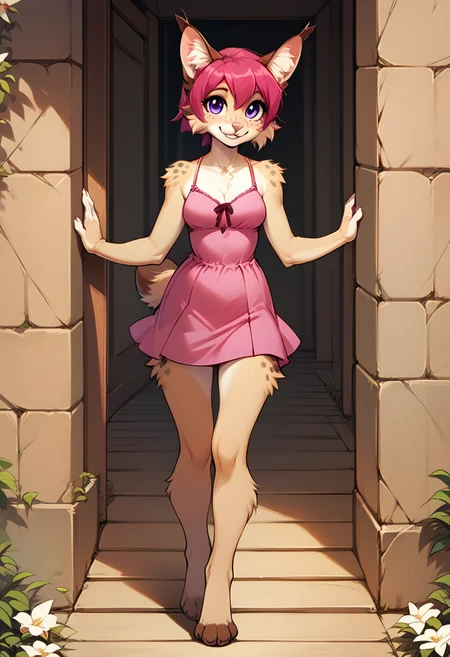 score_9, score_8_up, score_7_up, score_6_up, score_5_up, score_4_up, solo, by furlana, Kordy,1girl,furry female,animal ears,short hair,tail,snout,animal nose,body fur,purple eyes,freckles,animal ear fluff,bangs,pink hair,white fur,two-tone fur, cute, (anthro), standing, short dress, detailed eyes, shy, (long legs:1.4), tall, long and beautiful legs, sexy legs, best legs, looking at you, smiling, cute, adorable, sexy, sexy posing, medium breasts, 8k <lora:add-detail-xl:2> <lora:revyou_style:0.8> <lora:Kordy_v02_PDXL:0.8>
