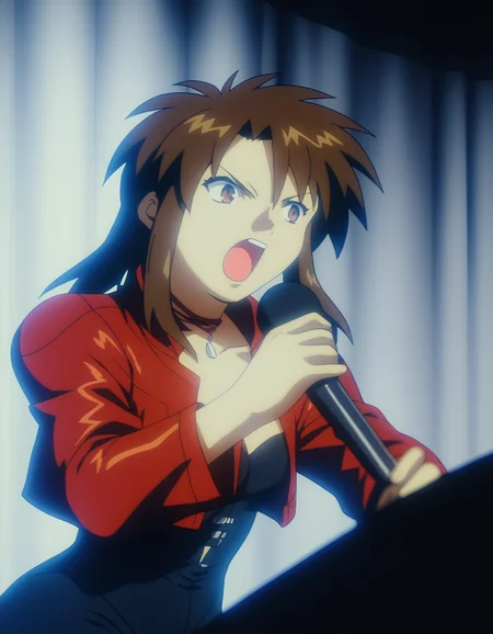 score_9, score_8_up, score_7_up, source_anime, <lora:priss-v3-ponyxl-000005:1> priss, brown eyes, ribbon choker, cropped jacket, red jacket, bodysuit, microphone stand, microphone, singing, open mouth, indoors, stage, dim lighting, dark, night