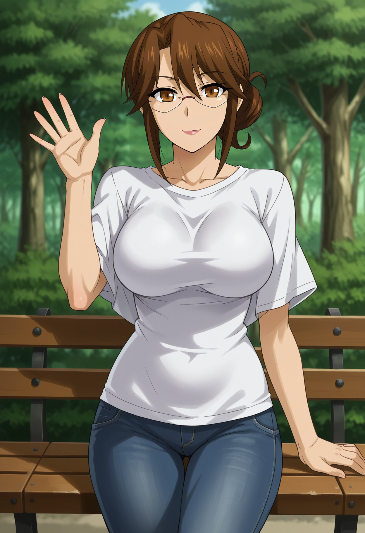 <lora:Angela_Cornwell-Seikoku_no_Dragonar:0.8>,1girl,solo,mm,mature female,brown hair,brown eyes,glasses,large breasts,t-shirt, denim, pants, waving, looking at viewer, sitton,on bench,outdoors,