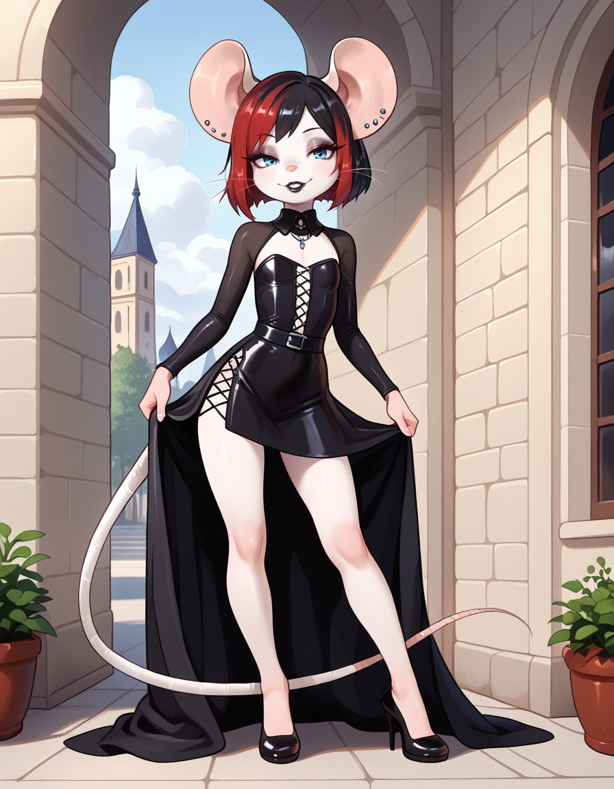 masterpiece, best quality, very aesthetic, absurdres,
outdoors,
full body, standing, posing, 
goth fashion, 
seductive smile, parted lips, long eyelashes,
 <lora:Francis_v01_NAIXL:1>
Francis,1girl,solo,furry female, mouse girl, mouse ears, ear piercing, earrings, short hair, multicolored hair, red hair ,black hair ,blue eyes, eyeshadow, animal nose, whiskers, black lipstick, piercing, body fur, white fur, mouse tail,