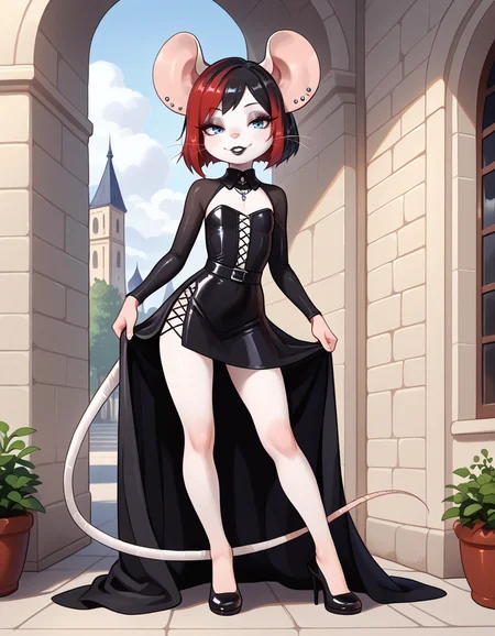masterpiece, best quality, very aesthetic, absurdres,
outdoors,
full body, standing, posing, 
goth fashion, 
seductive smile, parted lips, long eyelashes,
 <lora:Francis_v01_NAIXL:1>
Francis,1girl,solo,furry female, mouse girl, mouse ears, ear piercing, earrings, short hair, multicolored hair, red hair ,black hair ,blue eyes, eyeshadow, animal nose, whiskers, black lipstick, piercing, body fur, white fur, mouse tail,