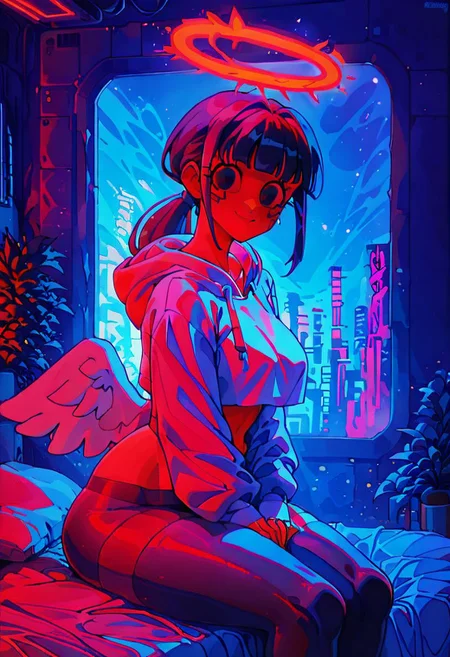 score_9,score_8_up,score_7_up,score_6_up, 1girl,
sitting in bed next to a large window, hands between thighs, wearing croptop hoodie, black croptop hoodie, long hair, black hair, blue strip in hair low ponytail hairstyle, angel, angelic girl, white wings, halo, glowing halo, black eyes, <lora:DetailedEyes_V3:1> <lora:add_detail:1>, pov from the side, sitting on the bed, hoodie, plants on the windowsill, looking out the window, looking away from viewer, background through window is vast space, galaxy background, wearing tights, leggings, black tights, thighs, night time, cyberpunk city view out of the window, neon light, purple neon lights, raining outside, heaving rain outside, girl is dry, no rain inside
