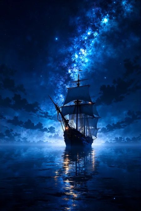 <lora:Vibrantly_sharp_style_v.2:0.8> VibrantlySharp style.  A hauntingly beautiful digital painting of a lone sailing ship adrift on a midnight ocean, illuminated only by the vast, star-speckled cosmos above. The towering masts and billowing sails, rendered in shadowy blues and inky blacks, stand stark against the ethereal glow of distant galaxies. The ocean, impossibly still, reflects the luminous VibrantlySharp night sky with stunning clarity, turning the waterâs surface into a liquid mirror of the celestial expanse. Wisps of cloud, painted in intricately swirling shades of deep indigo and soft electric blues, frame the composition, enhancing the shipâs spectral presence. Tiny golden lanterns flicker along the shipâs hull, their warm glow offering a stark contrast to the cool celestial tones. The artwork, inspired by dark fantasy and cosmic surrealism, evokes the legend of ghostly vessels lost in time, sailing eternally beneath an endless night.