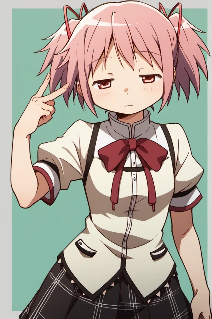 avenue,madoka \(Puella Magi Madoka Magica\),1girl,short twintails,<lora:madoka_pony_v2:0.7>,mitakihara school uniform,half-closed eyes,cowboy_shot,gloom,index_finger_raised,, score_9,score_8_up,score_7_up,score_6_up,score_5_up,score_4_up,