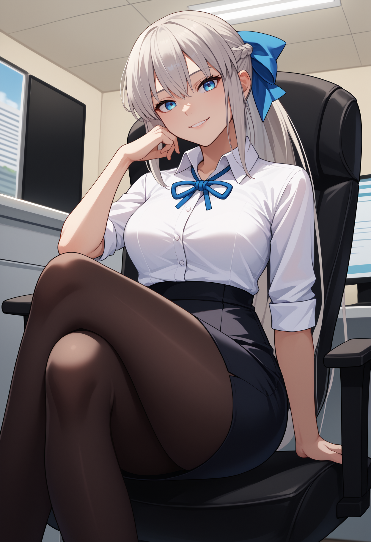 score_9, score_8_up, score_7_up, source_anime, solo, 1girl, m0rganst1, smile, looking at you, sitting, swivel chair, crossed legs, grey hair, ponytail, french braid, hair bow, white shirt, collared shirt, black skirt, pencil skirt, black pantyhose, large breasts, indoors, office
<segment:yolo-face_yolov8m.pt,0.4,0.5//cid=1>
