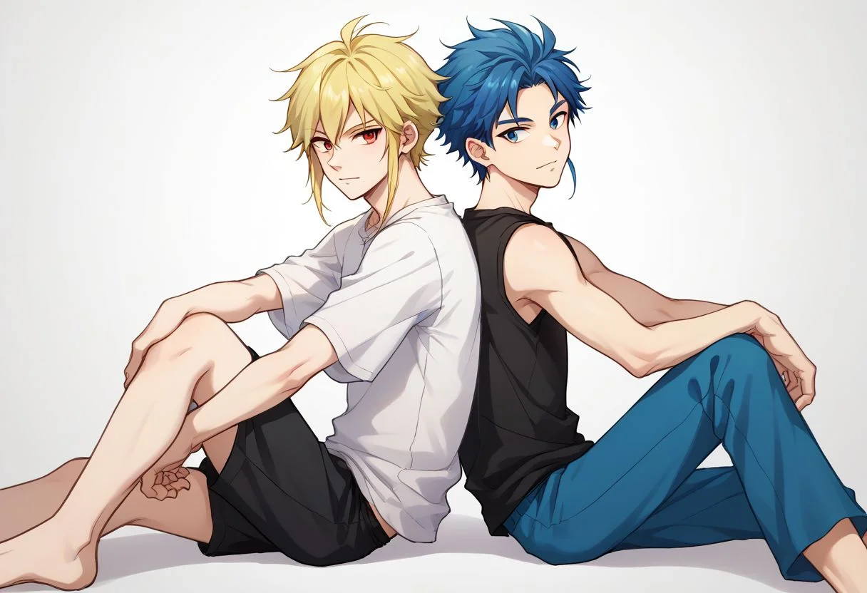 score_9, score_8_up, source_anime, highly detailed,
multiple boys, 2boys, blonde hair, blue hair, blue eyes, sitting, male focus, t-shirt, sleeveless, red eyes, back-to-back,