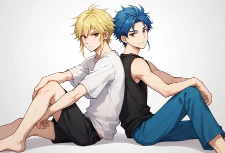 score_9, score_8_up, source_anime, highly detailed,
multiple boys, 2boys, blonde hair, blue hair, blue eyes, sitting, male focus, t-shirt, sleeveless, red eyes, back-to-back,