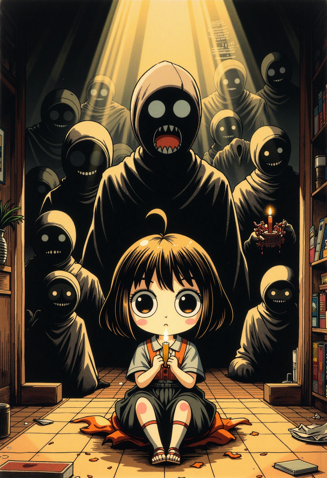 A hauntingly beautiful manga sketch in a horror anime style, set in a dimly lit room illuminated only by a lone candle, casting eerie, flickering shadows. Each shifting shadow reveals a different mysterious figure lurking just out of sight, their dark forms twisting and morphing with every movement of the flame. The air is thick with tension as the warm, golden light struggles to hold back the encroaching darkness. A cute anime-style character sits at the center, her large, expressive eyes wide with a mix of fear and curiosity, her tiny hands gripping the candle as if it's her only source of safety. The scene is hyperdetailed, with bold ink lines, soft watercolor-style tones, and dynamic shadows that give the impression of movement. The background is a masterful blend of deep, muted colors and contrasting highlights, drawing the viewer's eye to each subtle, hidden figure watching from the gloom. The overall style is a unique mix of horror and charm, blending traditional manga elements with modern, experimental techniques., <lora:ZanyEyesStyleFlux:0.424> ZanyEyesStyle,<lora:Vintage_Anime_Flux:0.418><lora:GTHAN-F:0.732> GTHAN, Gothic,<lora:Studio_Ghibli_Flux:0.22> ghiblistyle