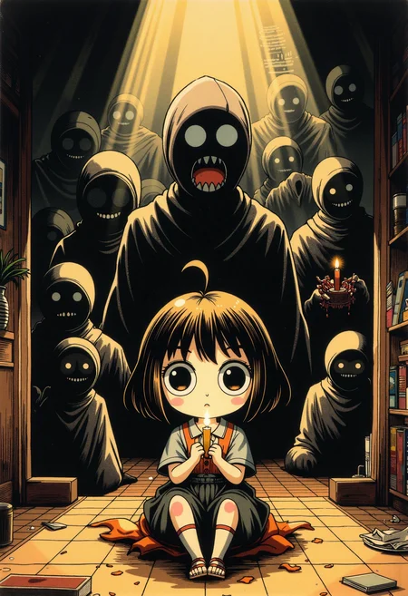 A hauntingly beautiful manga sketch in a horror anime style, set in a dimly lit room illuminated only by a lone candle, casting eerie, flickering shadows. Each shifting shadow reveals a different mysterious figure lurking just out of sight, their dark forms twisting and morphing with every movement of the flame. The air is thick with tension as the warm, golden light struggles to hold back the encroaching darkness. A cute anime-style character sits at the center, her large, expressive eyes wide with a mix of fear and curiosity, her tiny hands gripping the candle as if it's her only source of safety. The scene is hyperdetailed, with bold ink lines, soft watercolor-style tones, and dynamic shadows that give the impression of movement. The background is a masterful blend of deep, muted colors and contrasting highlights, drawing the viewer's eye to each subtle, hidden figure watching from the gloom. The overall style is a unique mix of horror and charm, blending traditional manga elements with modern, experimental techniques., <lora:ZanyEyesStyleFlux:0.424> ZanyEyesStyle,<lora:Vintage_Anime_Flux:0.418><lora:GTHAN-F:0.732> GTHAN, Gothic,<lora:Studio_Ghibli_Flux:0.22> ghiblistyle