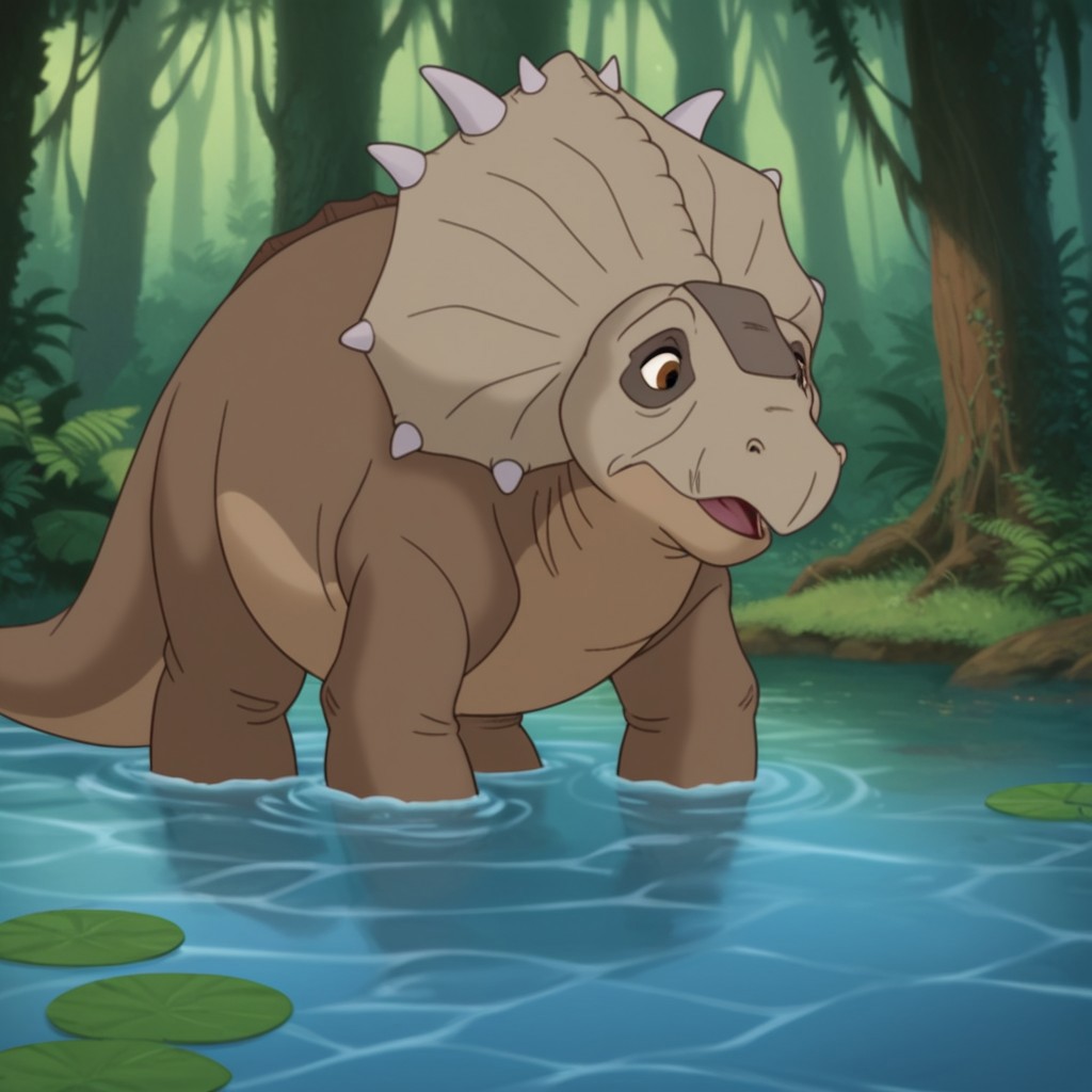 score_9, score_8_up, score_7_up, score_6_up, score_5_up, score_4_up, source_furry, thicknoselbt, feral, male, dinosaur, crest, spikes, Pachyrhinosaurus, brown skin, brown eyes, standing, water, pond, wading, forest,
