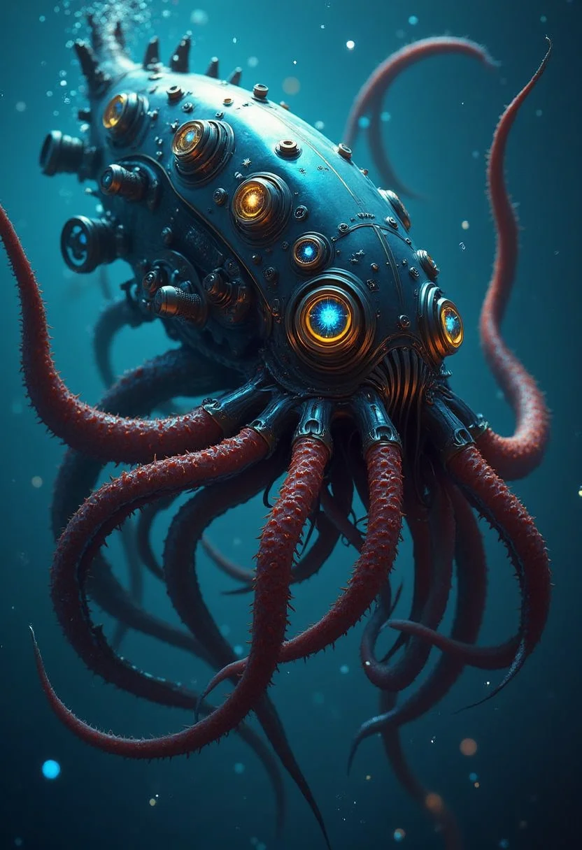 yfg-bgy, yfg-bgy a bio-mechanical squid-like creature with a dark, and metallic body swims in deep, blue water. it features several glowing yellow and blue eyes, and numerous red, textured tentacles extend outwards and downwards. the body has various metallic protrusions, and intricate details. the background is a dark, blurry blue, suggesting the depths of the ocean. small, glowing or reflective particles are scattered throughout the water. the image blends science fiction and fantasy.