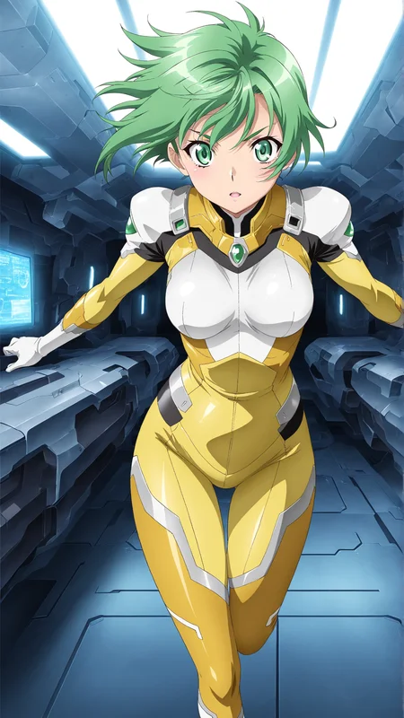 masterpiece, best quality, anime coloring, room,science fiction,
1girl,solo, floating hair
<lora:Elnie-Tachibana_lL_v01:1> elnie-tachibana, green hair, bodysuit, green eyes, short hair, yellow bodysuit, pilot suit, thigh gap, skin tight