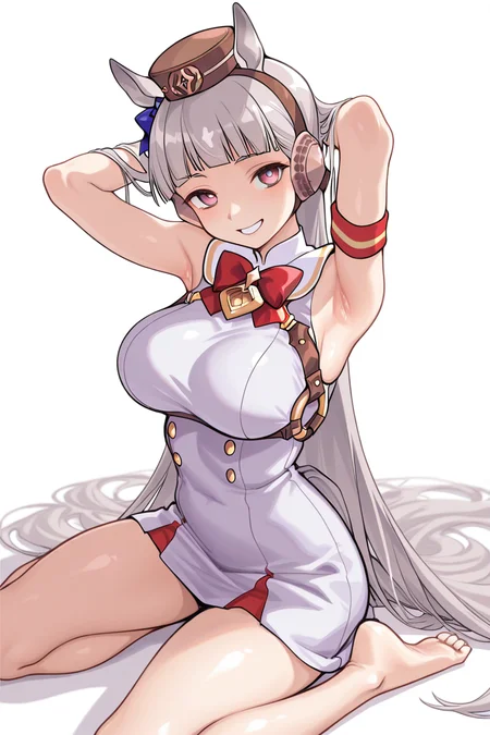 masterpiece, best quality, amazing quality,
 <lora:SloBid_IL:1> slobid, 1girl, horse ears, solo, animal ears, long hair, horse girl, breasts, barefoot, dress, looking at viewer, armpits, pillbox hat, white background, very long hair, bangs, grey hair, smile