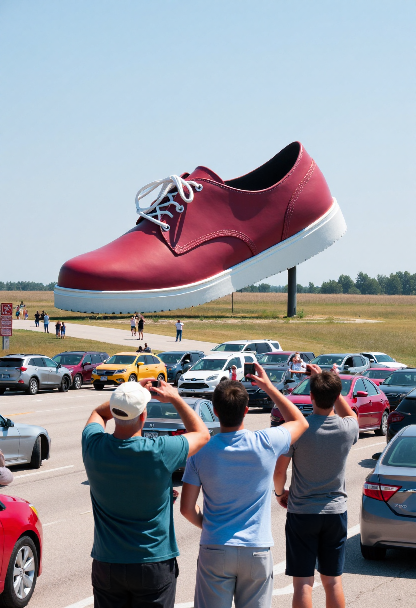 <lora:Roadside_Attraction_Assembler_FLUX_r1-000007:0.85>   
Photo depicting a surreal scene at a "world's largest shoe" roadside attraction, along with people taking photos of it and cars parked near it.