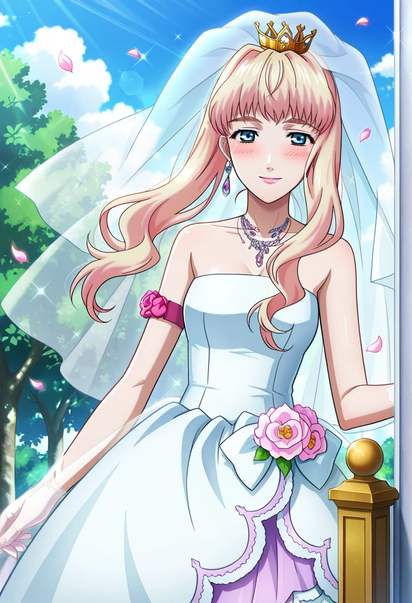 clouds, outdoor, floating petals, trees,
BREAK,
light smile,  looking at viewer, blush, pov,
cowboy shot dynamic angle,
BREAK,
<lora:sherylX_illustriousXL_v01:0.99>
sheryl nome, sherylwedding, blonde hair, gradient hair, blue eyes, necklace, jewelry, floral armband, single earring, crown, bridal veil, 
wedding dress, bare shoulders, sleeveless, see through gloves, gloves, translucent skirt, purple skirt,, source_anime, very aesthetic, anime coloring, masterpiece, 
best quality, amazing quality, ultra detailed, very aesthetic, 
detailed background, 
BREAK,