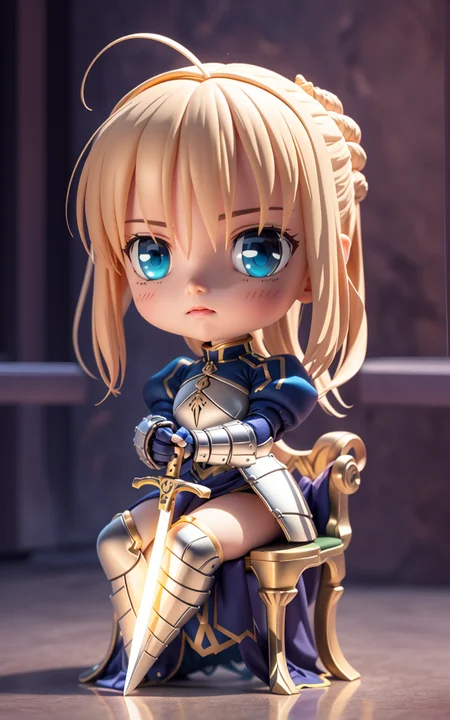 (masterpiece),(best quality),(ultra-detailed), (full body:1.2),1girl,chibi, artoria pendragon \(fate\), armor, dress, ((sitting on a throne)), (beautiful detailed face), (beautiful detailed eyes:1.12), (looking away), <lora:blindbox_V1Mix:1>, <lora:ironcatlora1Artoria_v10:1>, reflection, excalibur \(fate/stay night\), (holding sword:1.1),  (from below),