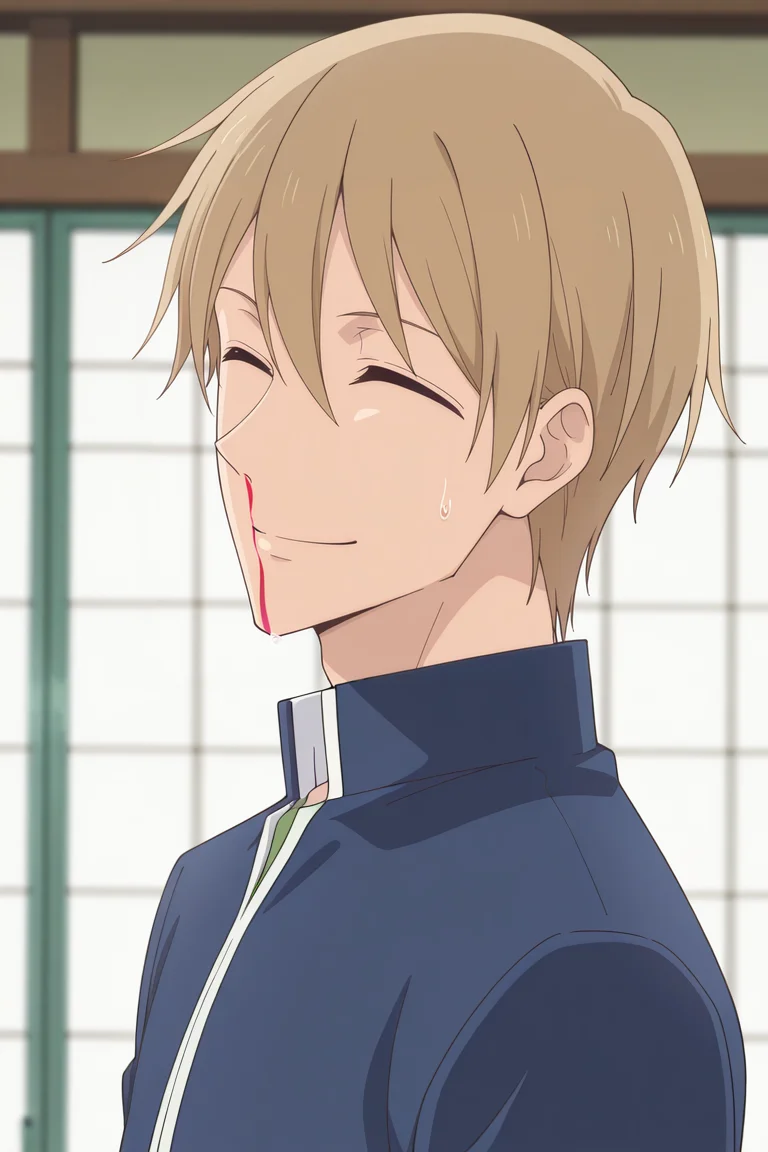 masterpiece, best quality, amazing quality,high resolution, intricate details,official style,depth of field,anime screencap, anime coloring, , , 1boy, solo, male focus,<lora:Yagi_Tomoya:0.83>,yagi tomoya,light brown hair,brown eyes,closed eyes,short hair,smile,blue jacket, school uniform,full body,closed mouth,collared shirt,from side,sweatdrop,indoors,portrait,gakuran,nosebleed,facing viewer