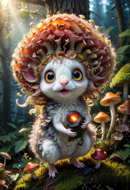 Mix the mushrooms, mouse and curly fur to create adorable magical creature with big glowing eyes, masterpiece, Surrealism, close-up, macro photo, f/1.2, backlighting, Albert Edelfelt, multicolored hair